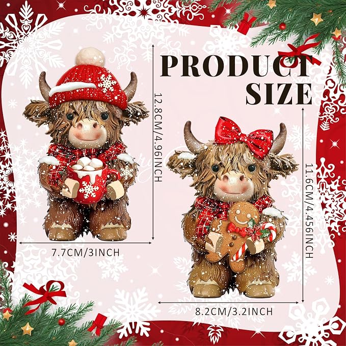 2 Pcs Christmas Highland Cow Figurines Decor, Christmas Cow Gifts