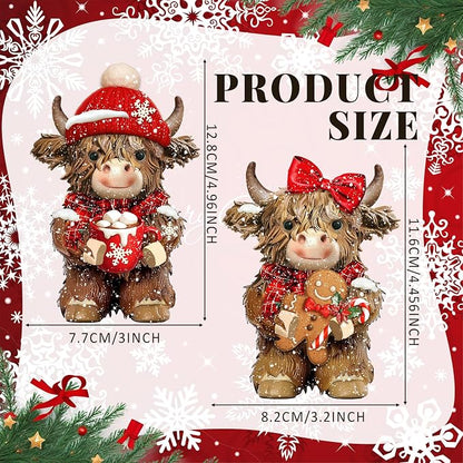 2 Pcs Christmas Highland Cow Figurines Decor, Christmas Cow Gifts