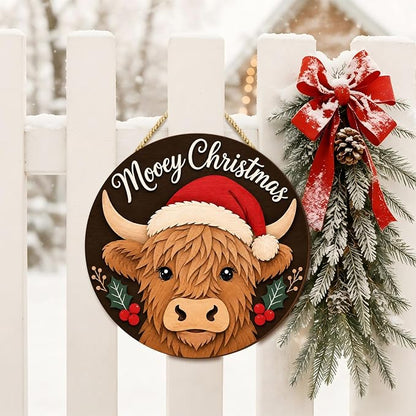 Highland Cow Christmas Wooden Sign, Christmas Wall Decor, Christmas Wreath