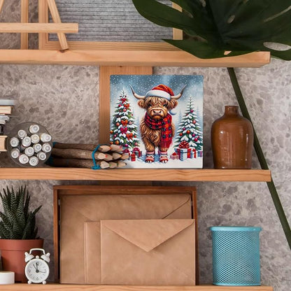 Christmas Highland Cow Wooden Sign - Western Highland Cow Wooden Box Sign, Christmas Highland Cow Sign Christmas Sign For Highland Cow Lover Gifts,5x5 Inch