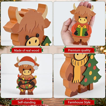 4 Pcs Christmas Highland Cow Figurines Decor, Christmas Cow Gifts