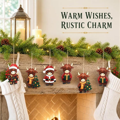 24 Pcs Highland Cow Christmas Ornaments Wooden Farmhouse Tree Decorations