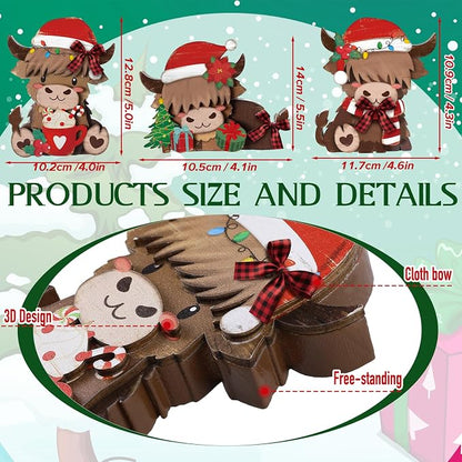 GlikCeil 3 Pcs Christmas Highland Cow Table Decorations Wood Centerpiece