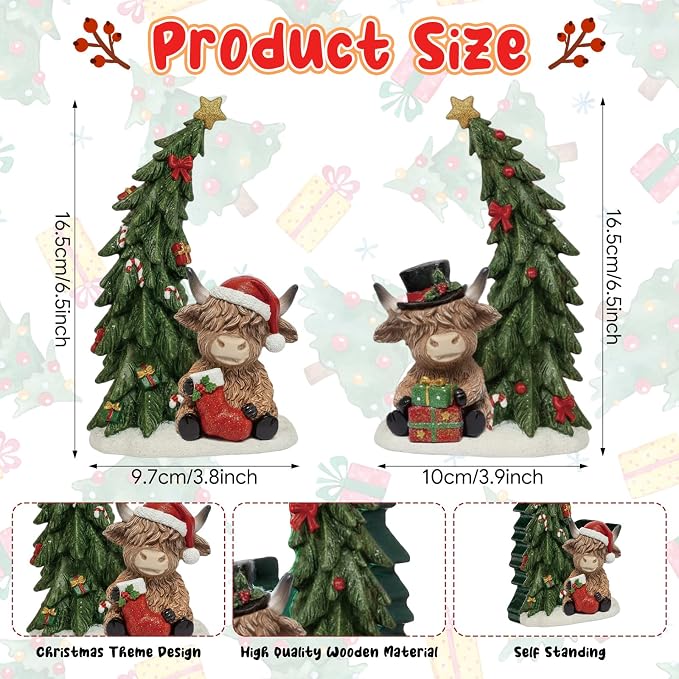 Yuntau 2 Pcs Christmas Highland Cow Figurines Decor with Christmas Tree