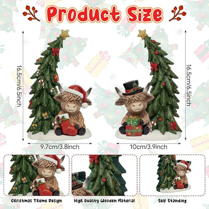 Yuntau 2 Pcs Christmas Highland Cow Figurines Decor with Christmas Tree