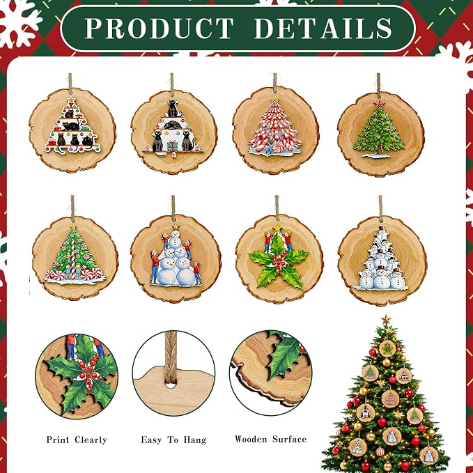 16PCS Rustic Christmas Tree Decorations Xmas Wooden Ornaments Decor
