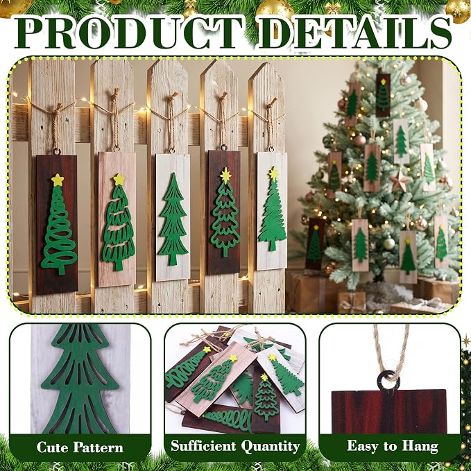 Qunclay 24 Pcs Rustic Christmas Wooden Ornaments for Tree Decorations