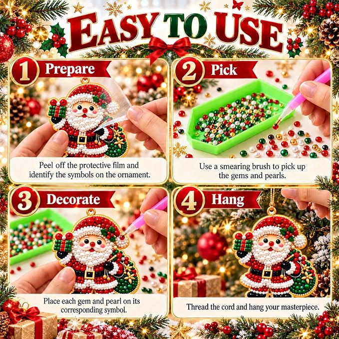 10Pcs DIY Pearl Diamond Art Christmas Ornaments Kit for Adults, Wooden Hanging