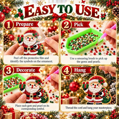 10Pcs DIY Pearl Diamond Art Christmas Ornaments Kit for Adults, Wooden Hanging