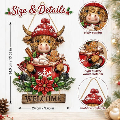 Anglechic Christmas Highland Cow Welcome Door Sign, 13.58 x 9.45 Inches