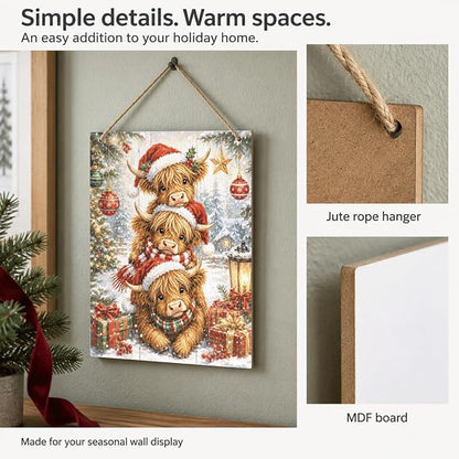 Christmas Highland Cow Sign, Cute Cattle Holiday Hanging Plaque Wall Decor