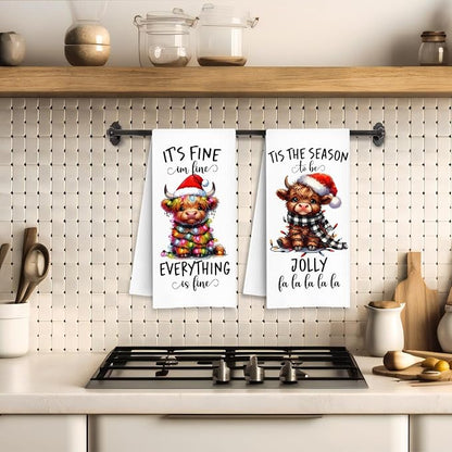 Funny Christmas Highland Cow Kitchen Towels, Highland Cow Christmas Decor
