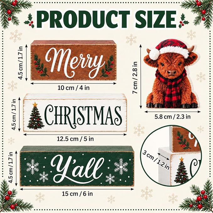 Highland Cow Christmas Tiered Tray Decor, Merry Christmas Wooden Block Sign
