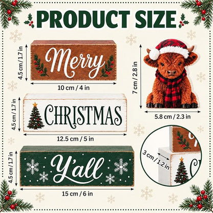 Highland Cow Christmas Tiered Tray Decor, Merry Christmas Wooden Block Sign