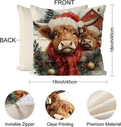 Christmas Pillow Covers Highland Cow Farmhouse Xmas Vintage Throw Pillows Covers