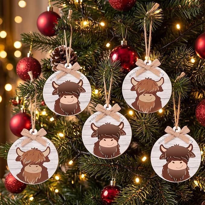 Geelin 12 Pcs Highland Cow Christmas Ornaments, 3D Wooden Tree Decorations