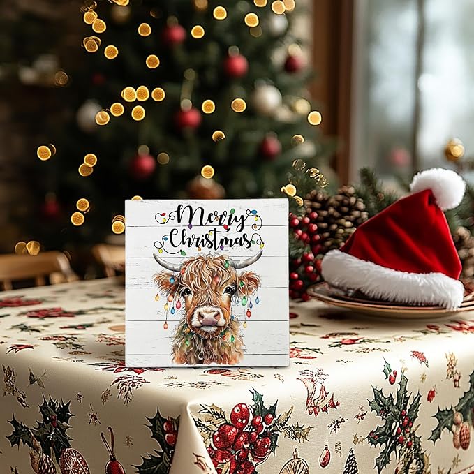Highland Cow Christmas Wooden Box Sign - Western Decor, 5x5 Inch