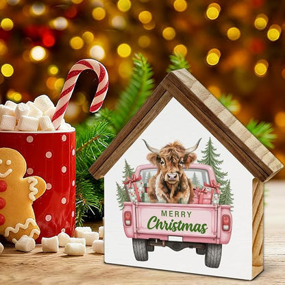 Pink Christmas Highland Cow Decor Merry Christmas Highland Cow House Shaped Wood