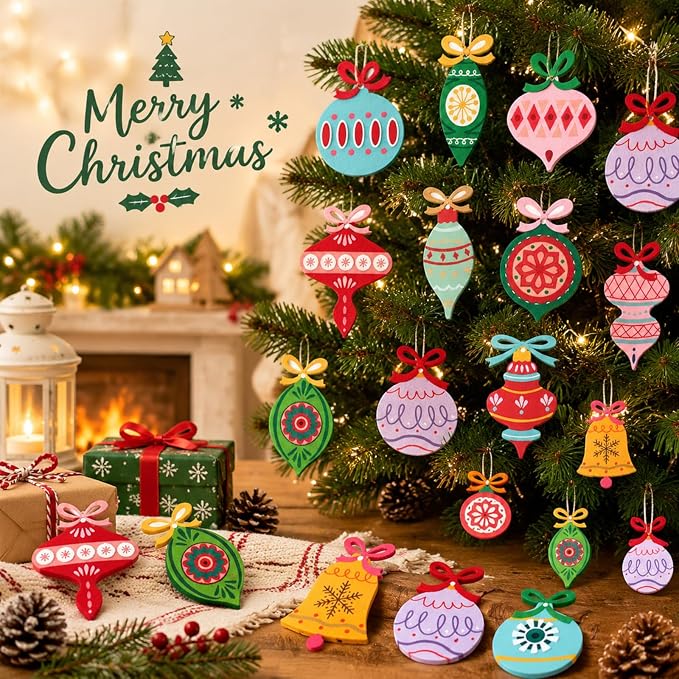 Amyhill 24 Pcs Vintage Wooden Christmas Tree Ornaments with Rope