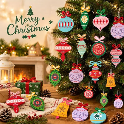Amyhill 24 Pcs Vintage Wooden Christmas Tree Ornaments with Rope