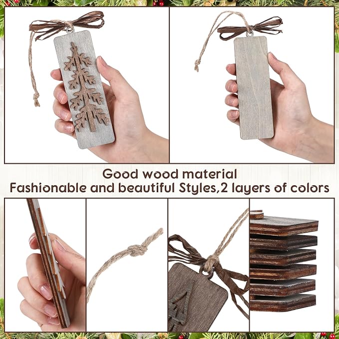 Geelin 12 Pcs Rustic Christmas Wooden Ornaments for Tree Gray Brown Vintage