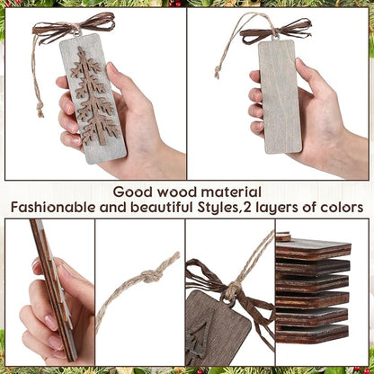 Geelin 12 Pcs Rustic Christmas Wooden Ornaments for Tree Gray Brown Vintage