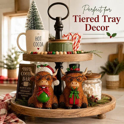 2Pcs Highland Cow Christmas Decor Figurines for Table, Shelf, Tray