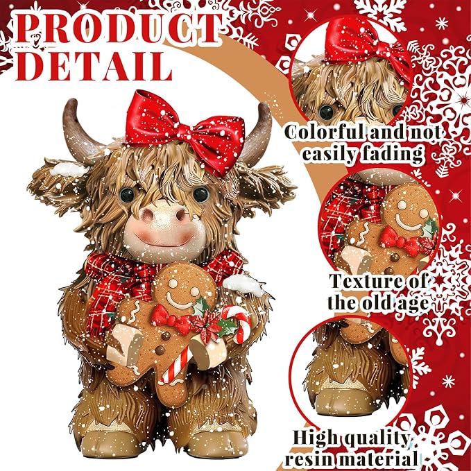 2 Pcs Christmas Highland Cow Figurines Decor, Christmas Cow Gifts