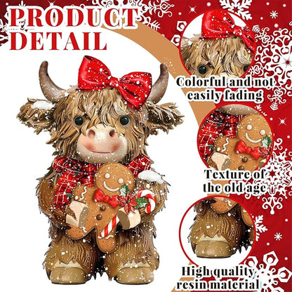2 Pcs Christmas Highland Cow Figurines Decor, Christmas Cow Gifts