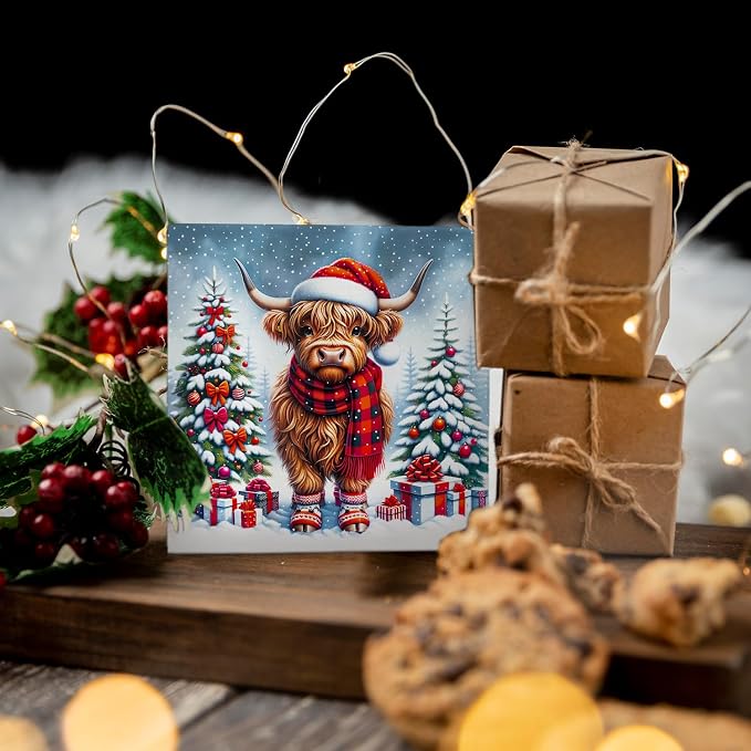 Christmas Highland Cow Wooden Sign - Western Highland Cow Wooden Box Sign, Christmas Highland Cow Sign Christmas Sign For Highland Cow Lover Gifts,5x5 Inch