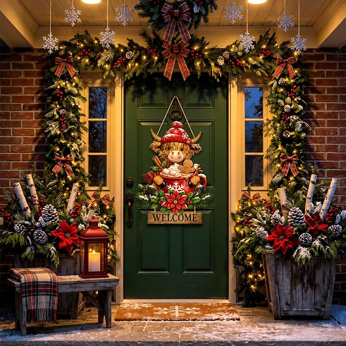 Anglechic Christmas Highland Cow Welcome Door Sign, 13.58 x 9.45 Inches
