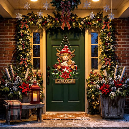 Anglechic Christmas Highland Cow Welcome Door Sign, 13.58 x 9.45 Inches