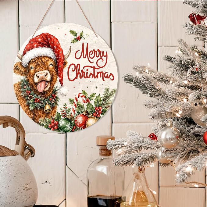 Highland Cow Christmas Decor Merry Christmas Door Sign Decor Xmas Wreath