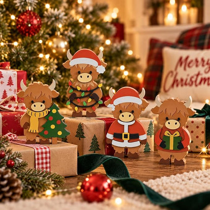 4 Pcs Christmas Highland Cow Figurines Decor, Christmas Cow Gifts