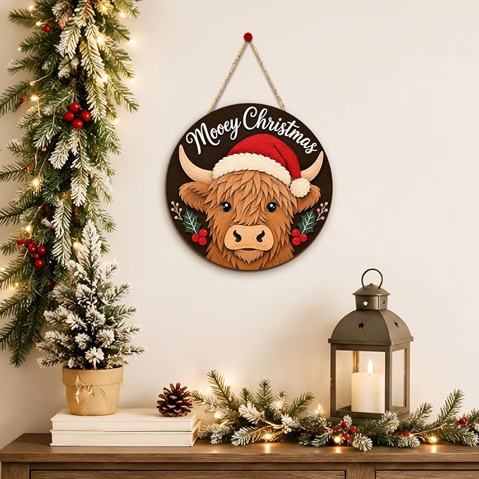 Highland Cow Christmas Wooden Sign, Christmas Wall Decor, Christmas Wreath