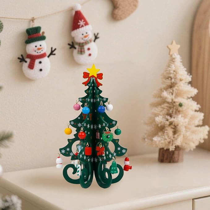 TEBIEKOY DIY Mini Wooden Christmas Tree with Ornaments Set, Cute 7 Inch Small