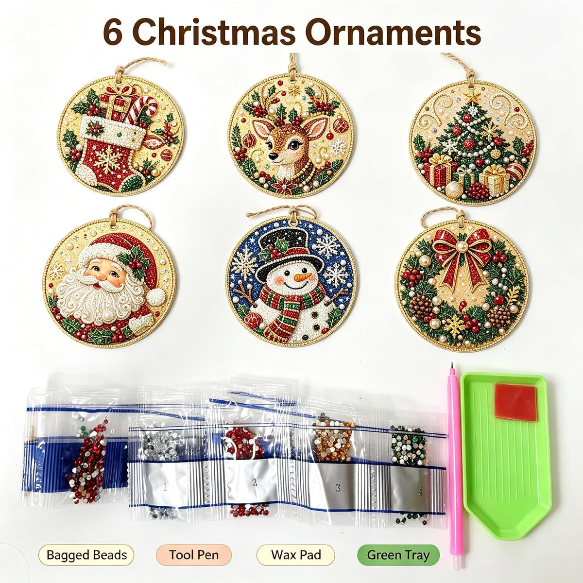 iekufes DIY Diamond Art Christmas Wooden Ornaments Kit 6 Pack