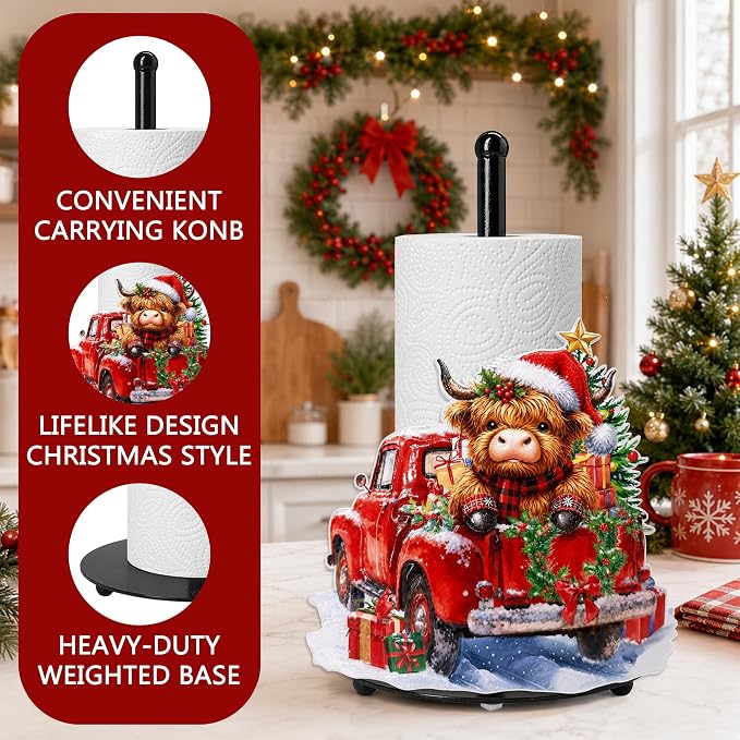 Christmas Highland Cow Paper Towel Holder, Farmhouse Xmas Kitchen Countertop