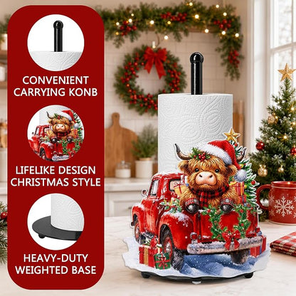 Christmas Highland Cow Paper Towel Holder, Farmhouse Xmas Kitchen Countertop