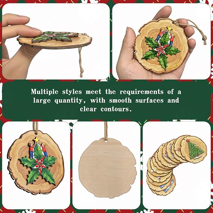 16PCS Rustic Christmas Tree Decorations Xmas Wooden Ornaments Decor
