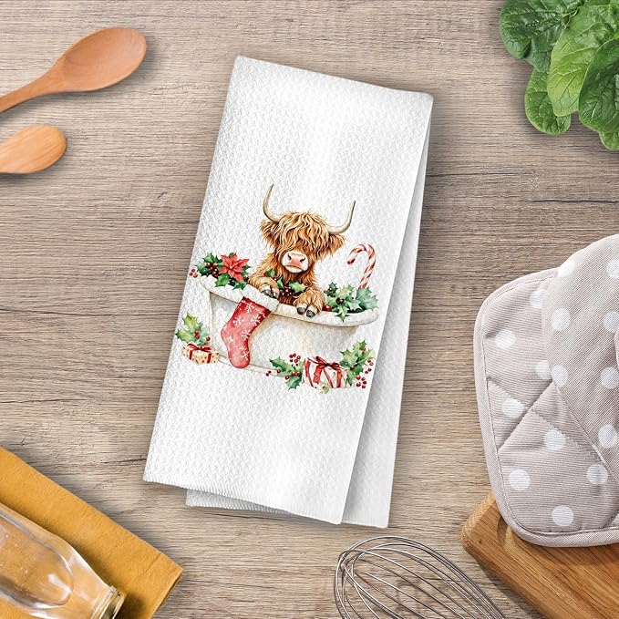Christmas Highland Cow Bathroom Towels - Highland Cow Christmas Decorative
