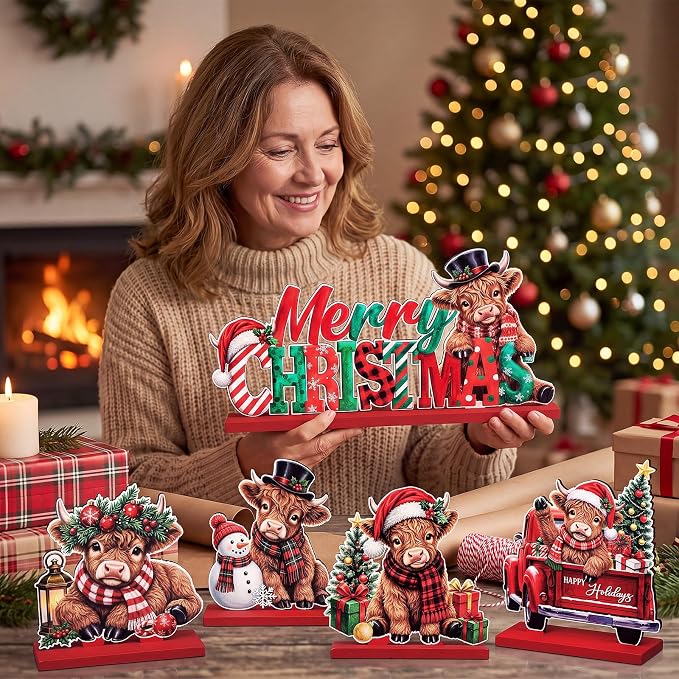 Sliner 5 Pcs Christmas Highland Cow Table Signs Wooden Tabletop Decor