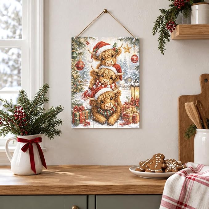 Christmas Highland Cow Sign, Cute Cattle Holiday Hanging Plaque Wall Decor