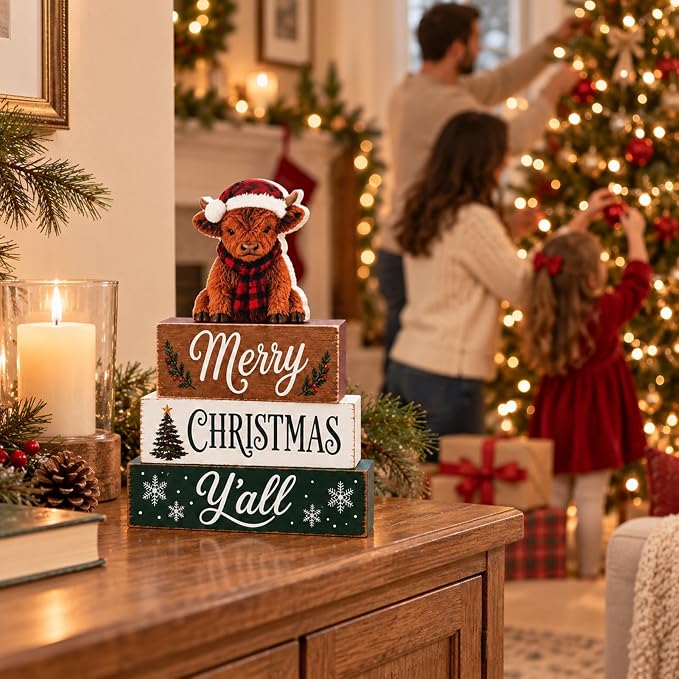 Highland Cow Christmas Tiered Tray Decor, Merry Christmas Wooden Block Sign