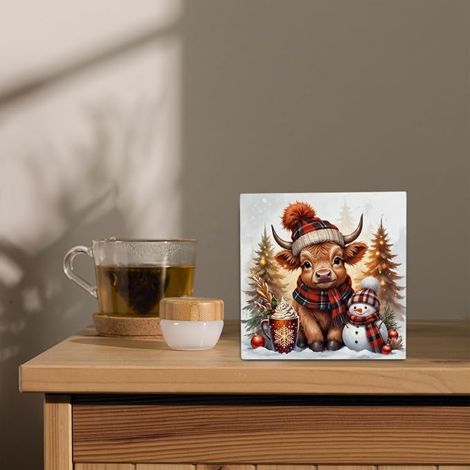 Christmas Highland Cow Wooden Box Sign Desk Decor, Highland Cow Christmas