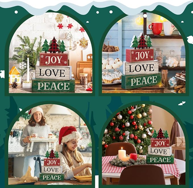 Lineshading 4 Pcs Christmas Table Decor Christmas Tree Block Signs Joy Love
