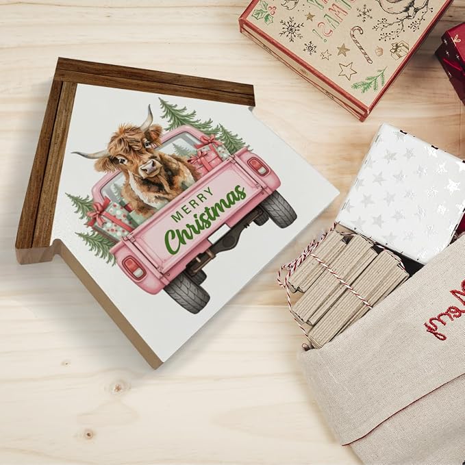 Pink Christmas Highland Cow Decor Merry Christmas Highland Cow House Shaped Wood