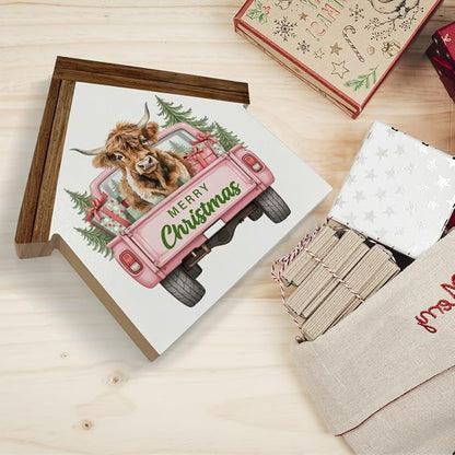 Pink Christmas Highland Cow Decor Merry Christmas Highland Cow House Shaped Wood