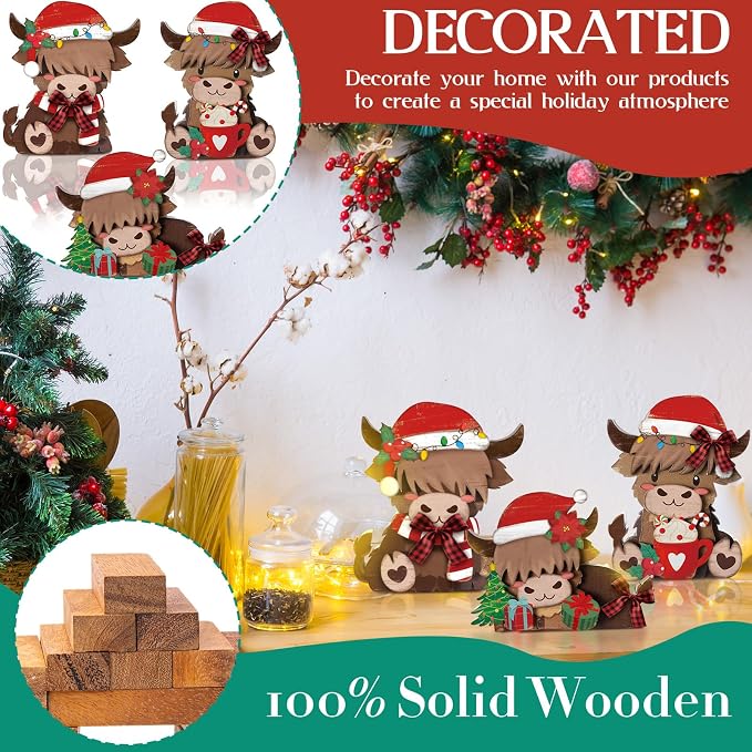 GlikCeil 3 Pcs Christmas Highland Cow Table Decorations Wood Centerpiece