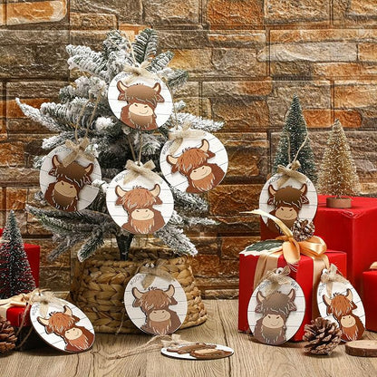 Geelin 12 Pcs Highland Cow Christmas Ornaments, 3D Wooden Tree Decorations